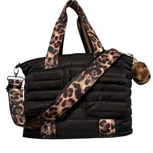 Think Royln Jr Jetset Wingman Black Quilted Bag with Leopard Print Straps